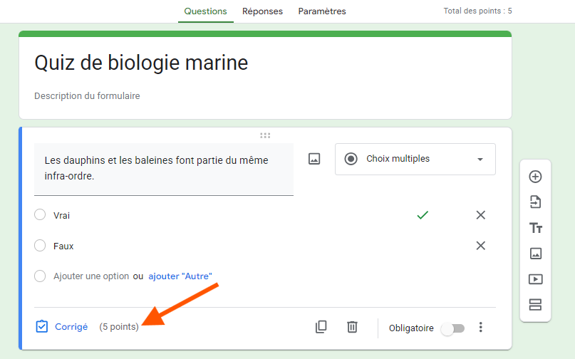 Capture d'écran montrant une question dans un quiz de biologie marine, avec la question « Les dauphins et les baleines font partie du même infra-ordre