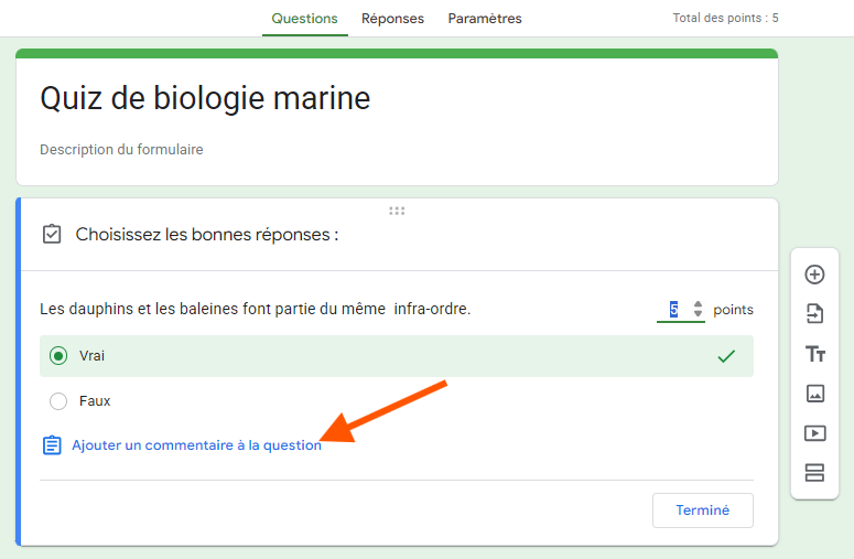 Capture d'écran montrant une flèche pointant sur l'option Ajouter un commentaire à la réponse, en bas à gauche de la sélection Corrigé