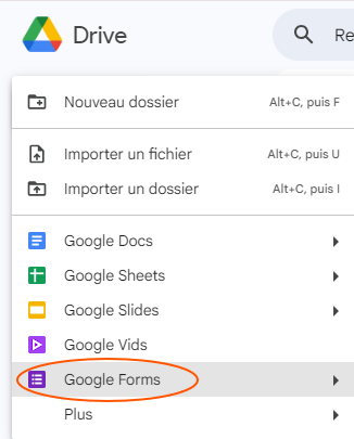 Capture d'écran de la fenêtre Nouveau dans Google Drive en avec Google Forms entouré pour montrer où cliquer
