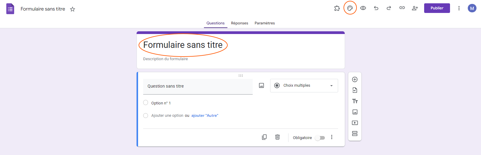 Formulaire sans titre entouré dans Google Forms pour montrer comment ajouter un nom, et avec l'icône de palette en haut à droit entouré pour changer le thème