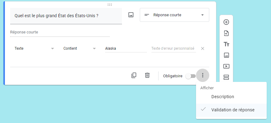 Capture d'écran de l'option Validation de réponse dans Google Forms