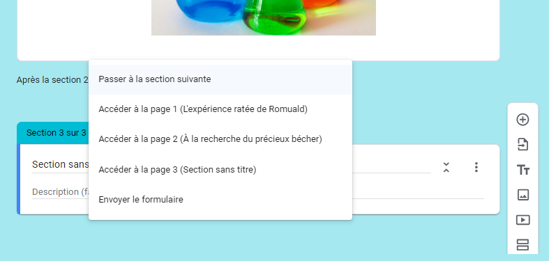 Capture d'écran pour sélectionner Passer à la section suivante dans Google Forms 