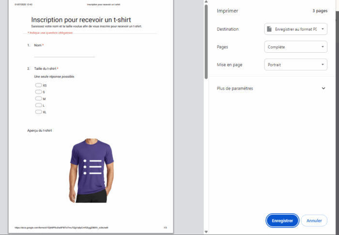 Capture d'écran de l'interface d'impression dans Google Forms