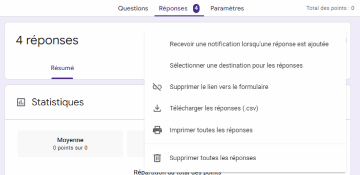 Capture d'écran des options qui s'affichent lorsqu'on clique sur les trois points verticaux dans Google Forms