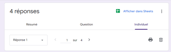 Capture d'écran du sous-onglet Individuel dans l'onglet Réponses dans Google Forms
