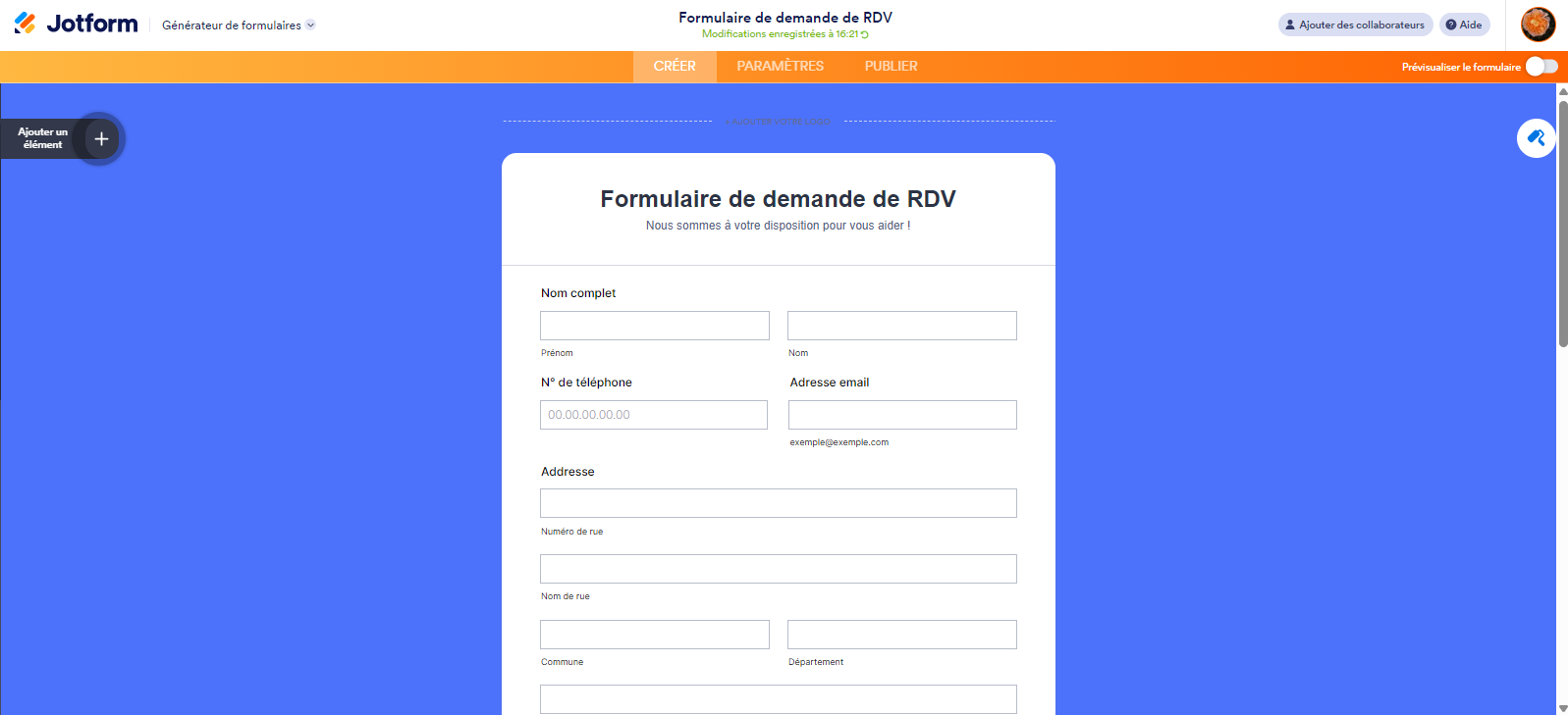 Formulaire de demande de RDV dans le Générateur de formulaires Jotform
