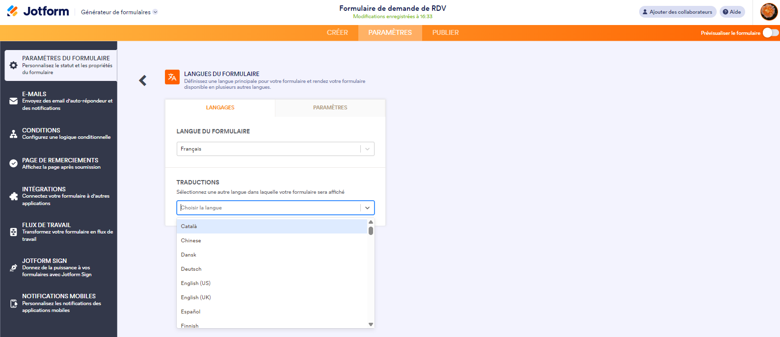 Capture d'écran de la langue à ajouter depuis la section Traductions