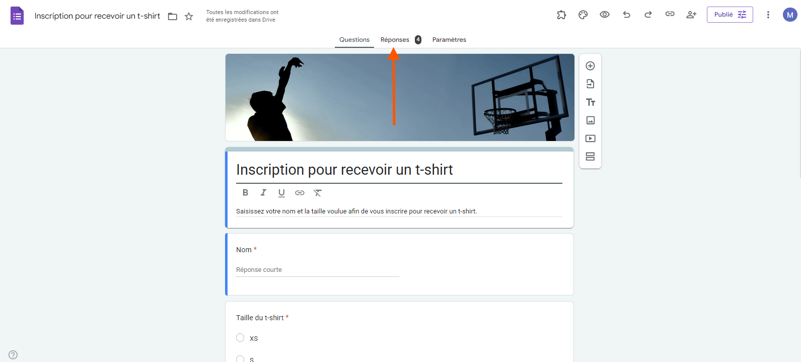 Capture d'écran du formulaire Google Forms avec une flèche pointant sur l'onglet Réponses