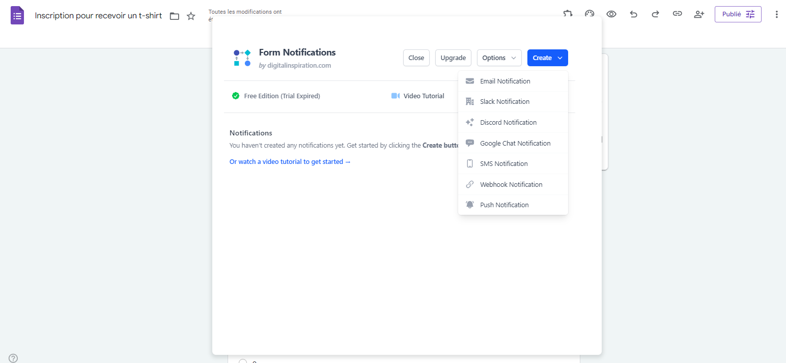 Capture d'écran montrant le menu du module complémentaire Email Notifications for Forms