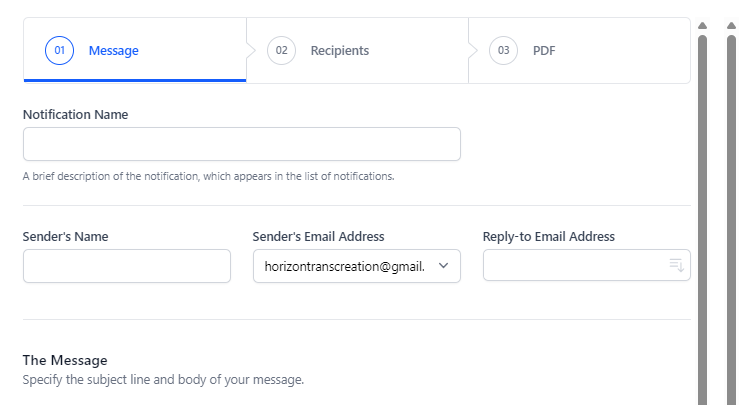 Capture d'écran du menu des paramètres de Email Notifications for Forms qui requiert le Nom de la notification, le Nom de l'expéditeur, l'Adresse email de l'expéditeur et celle pour soumettre les réponses