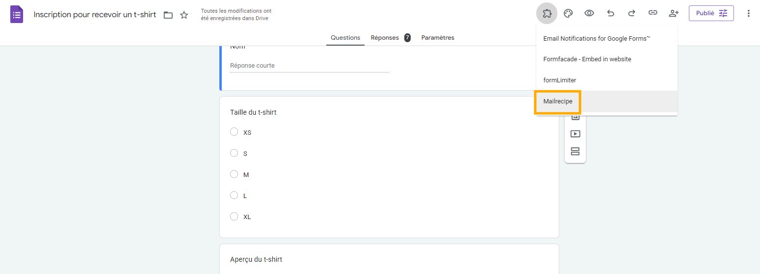 Capture d'écran des modules complémentaires déjà installés dans Google Forms avec l'option Mailrecipe encadrée