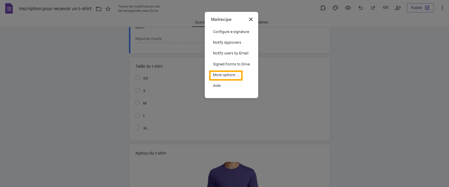 Capture d'écran du menu de Mailrecipe avec Plus d'options encadré