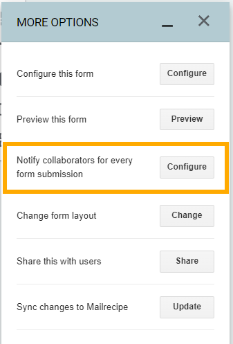 Capture d'écran du menu More options avec Notify collaborators for every form submission et le bouton correspondant Configurer encadré