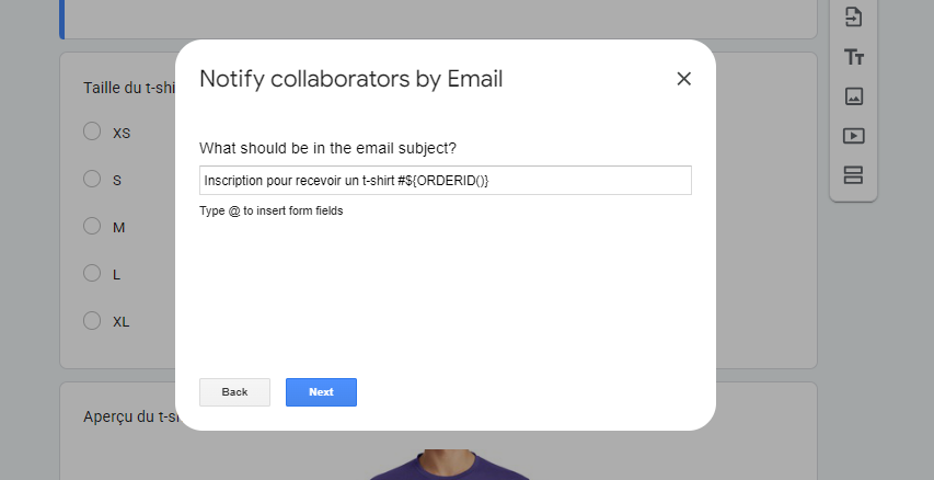 Capture d'écran des paramètres de Mailrecipe avec en haut Notifier les collaborateurs par email (Notifiy collaborators by Email) et en dessous, il est demandé Quel contenu doit figurer dans l'objet de l'email ? (What should be in the email subject?)