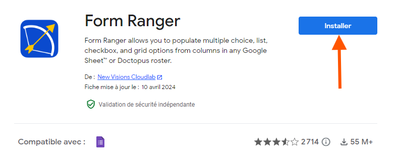 Capture d'écran du module Form Ranger sur Google Workspace Marketplace, avec une flèche pointant vers le bouton Installer