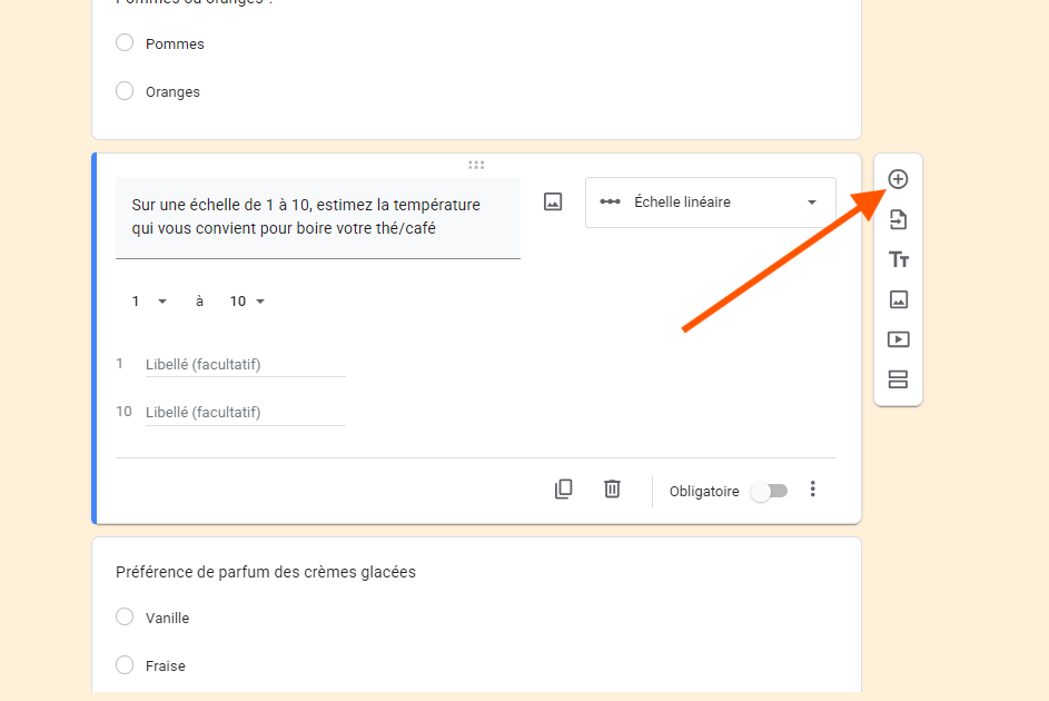 Capture d'écran du Test de personnalité en ligne affichant une question à échelle linéaire intitulée Sur une échelle de 1 à 10, estimez la température qui vous convient pour boire votre thé/café avec une échelle de 1 à 10 avec une flèche pointant vers le signe + dans le menu latéral à droite de la question