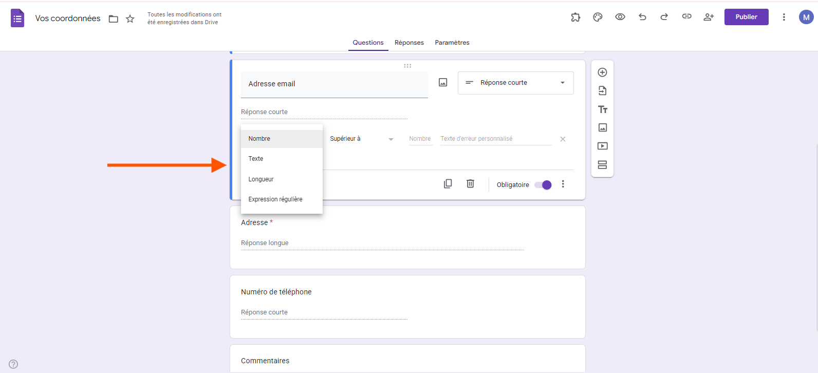 Capture d'écran du menu déroulant des options de validation de réponses dans Google Forms, à savoir Nombre, Texte, Longueur et Expression régulière