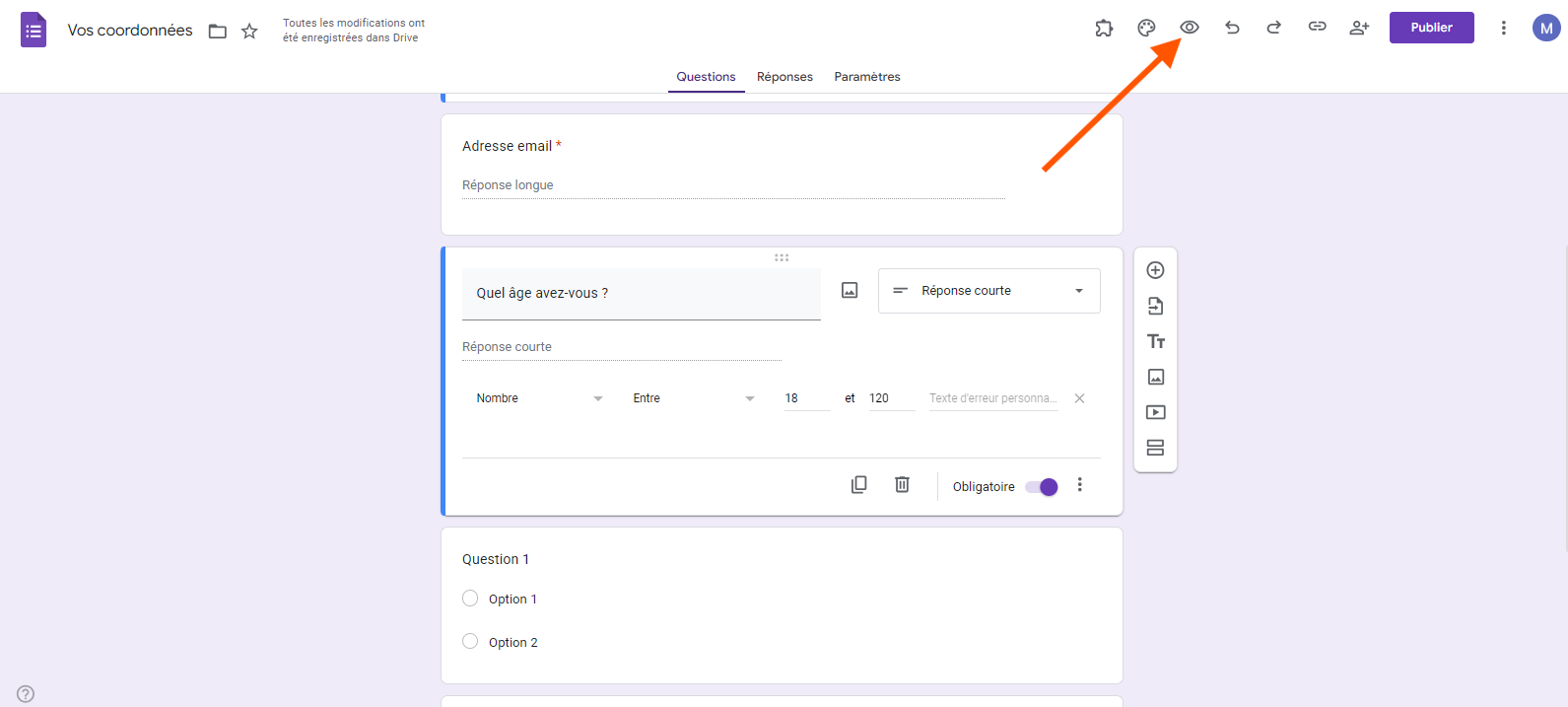 Capture d'écran d'un formulaire Google avec une flèche pointant vers l'icône d'aperçu