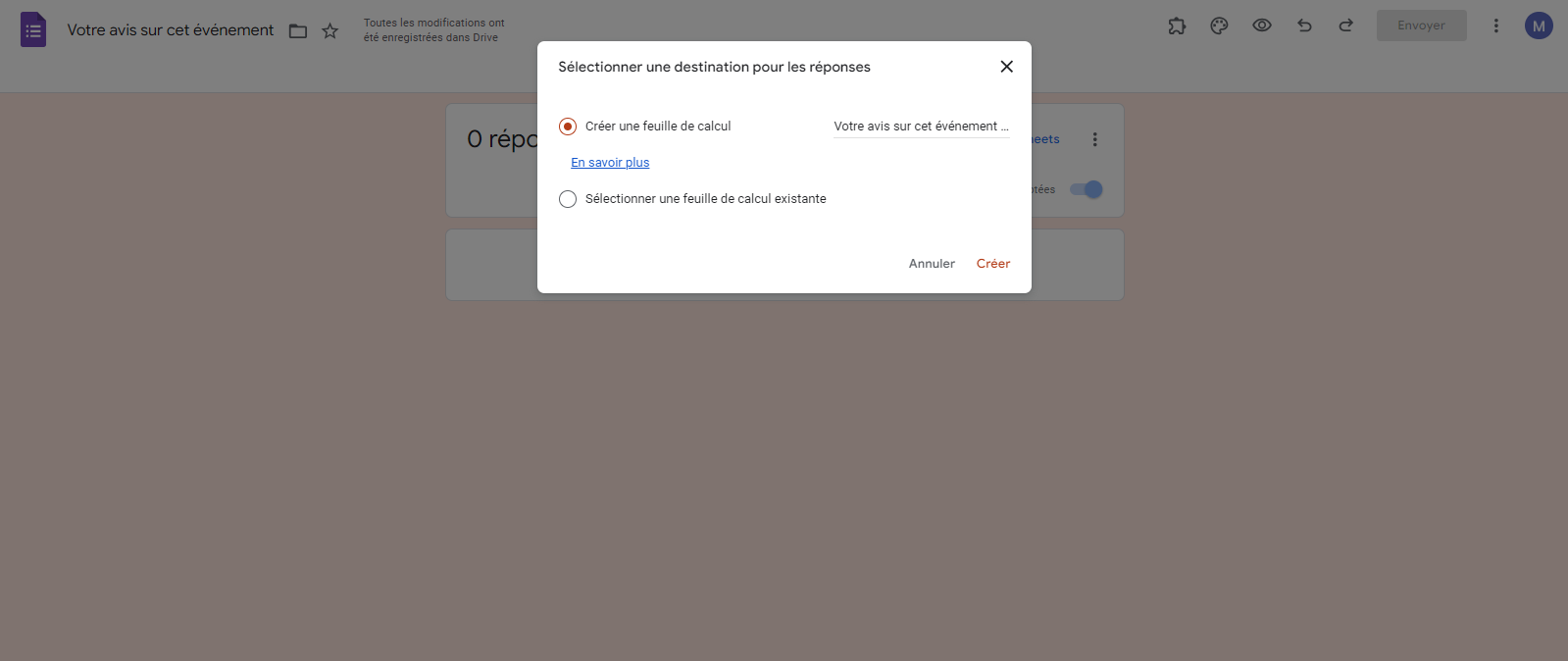 Capture d'écran montrant la fenêtre contextuelle Sélectionner une destination pour les réponses avec les options Créer une feuille de calcul ou Sélectionner une feuille de calcul existante dans Google Forms