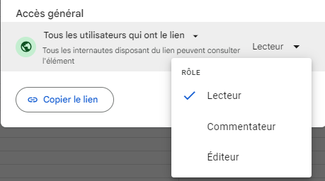 Capture d'écran de la section Accès général dans Partager dans Google Sheets avec la liste déroulante des Rôles, à savoir Lecteur, Commentateur et Éditeur
