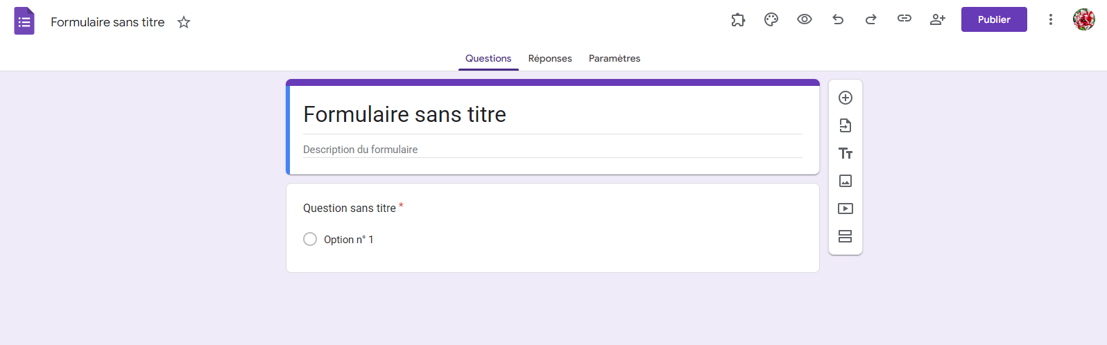 Capture d'écran de la page Formulaire sans titre de Google Forms