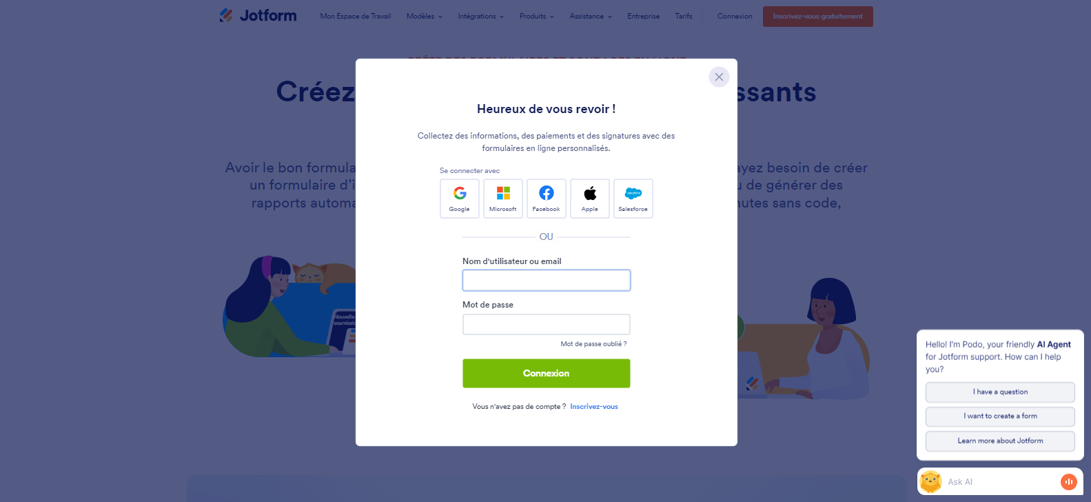 Capture d'écran de la page de connexion Jotform