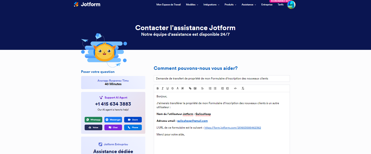 Capture d'écran de la page de contact de l'équipe d'assistance Jotform avec un ticket d'assistance rempli