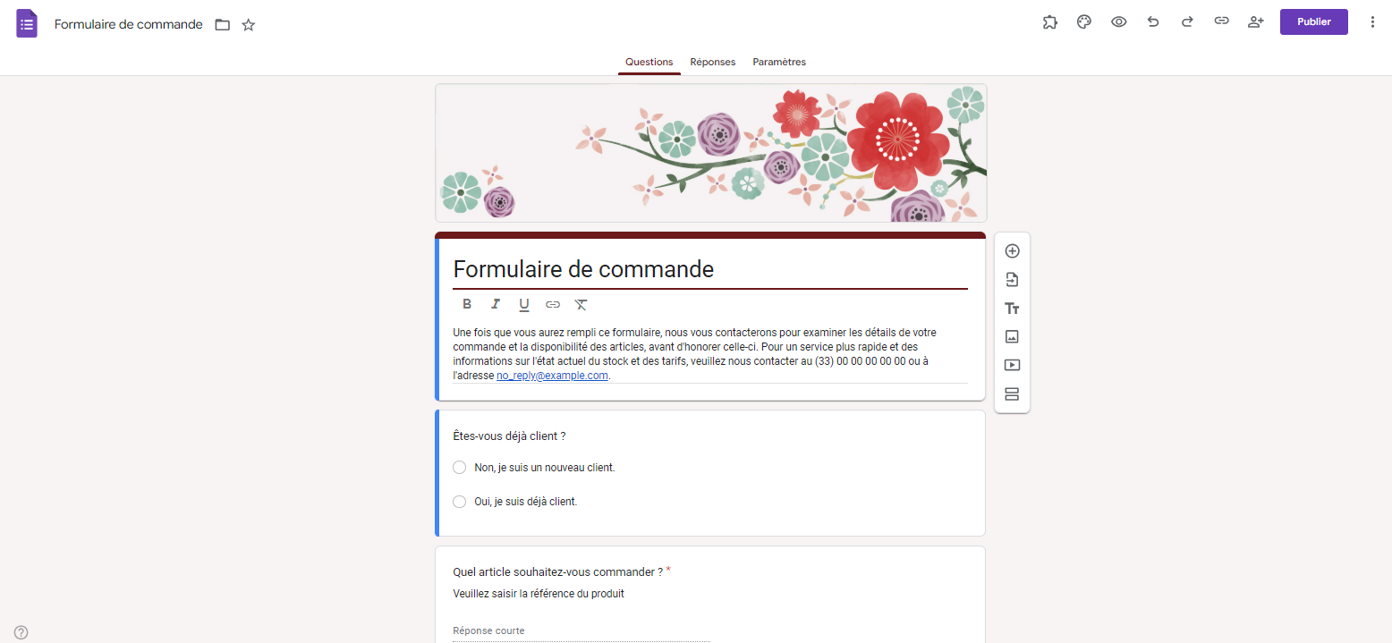 Capture d'écran d'un formulaire de commande dans Google Forms