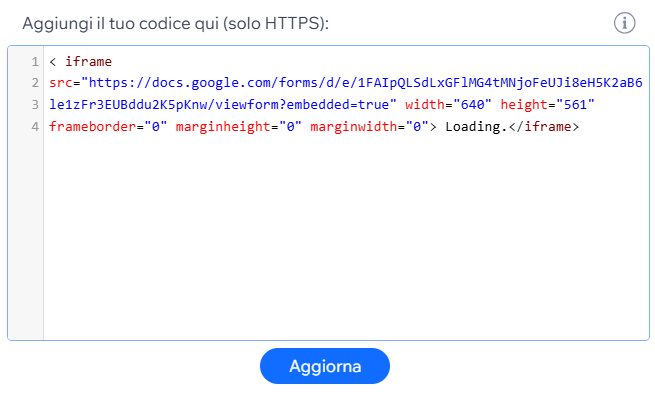 Screenshot del codice incorporato in un blocco di Codice di incorporamento su un sito Wix
