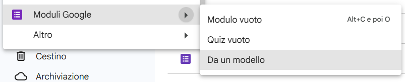 Menu di Moduli Google che mostra in un nuovo menu a tendina le opzioni di creare un modulo vuoto, un quiz vuoto o di scegliere un modello già pronto