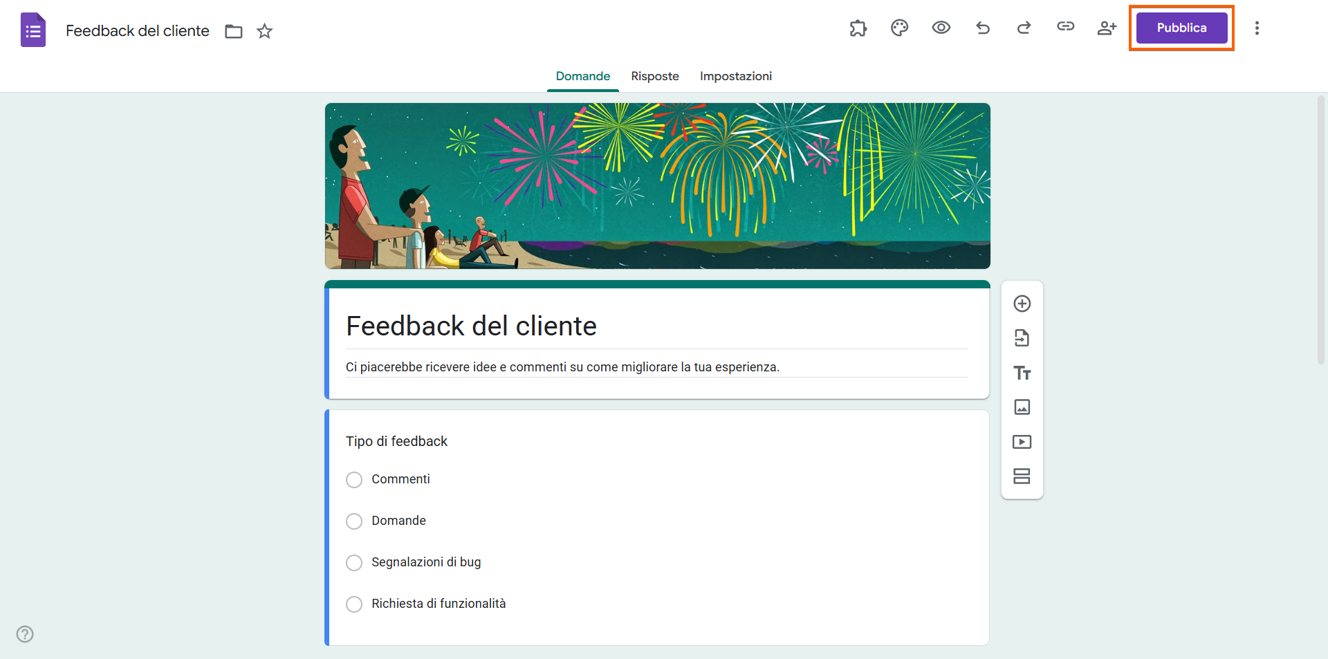 Cliccando sul pulsante Pubblica del modulo di Feedback del cliente in Moduli Google