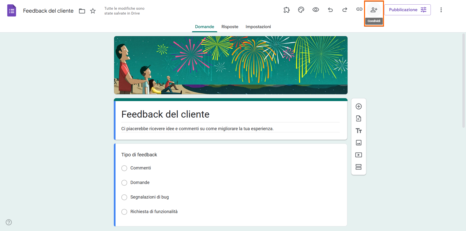 Cliccando sul pulsante Condividi in Moduli Google