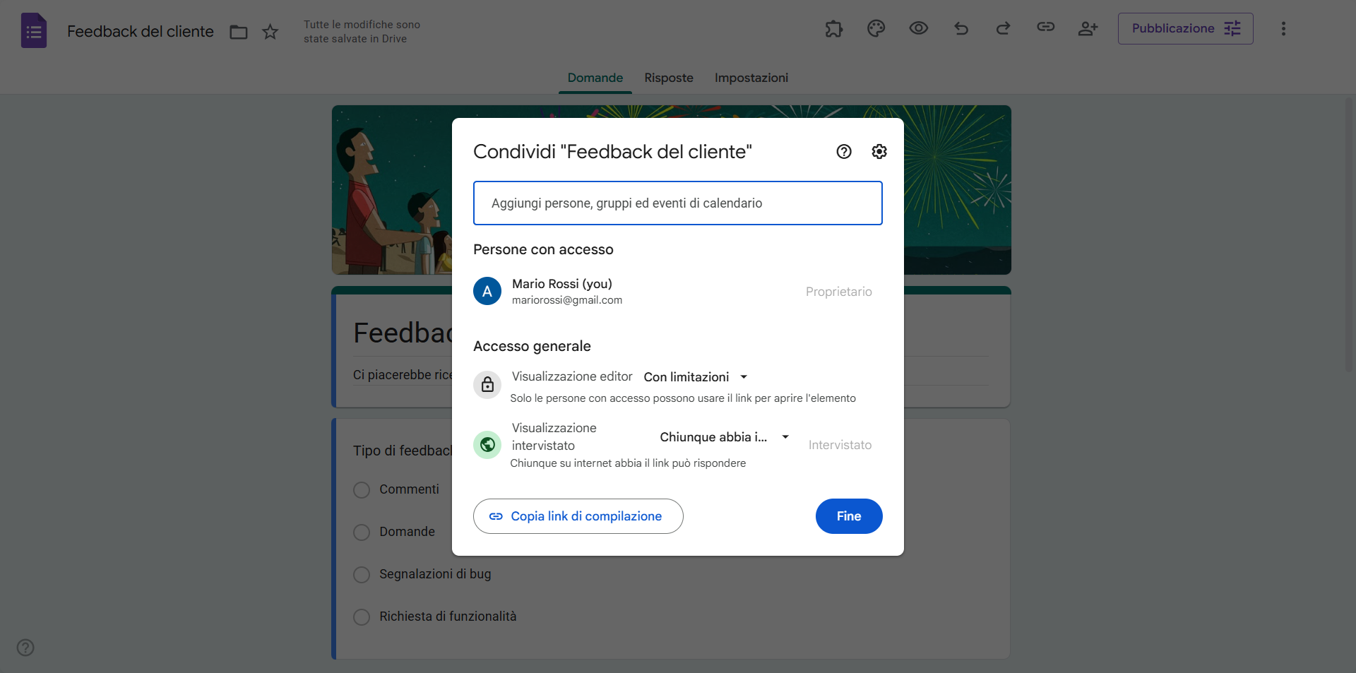 Visualizzazione di una Finestra di Condivisione in un Modulo Google