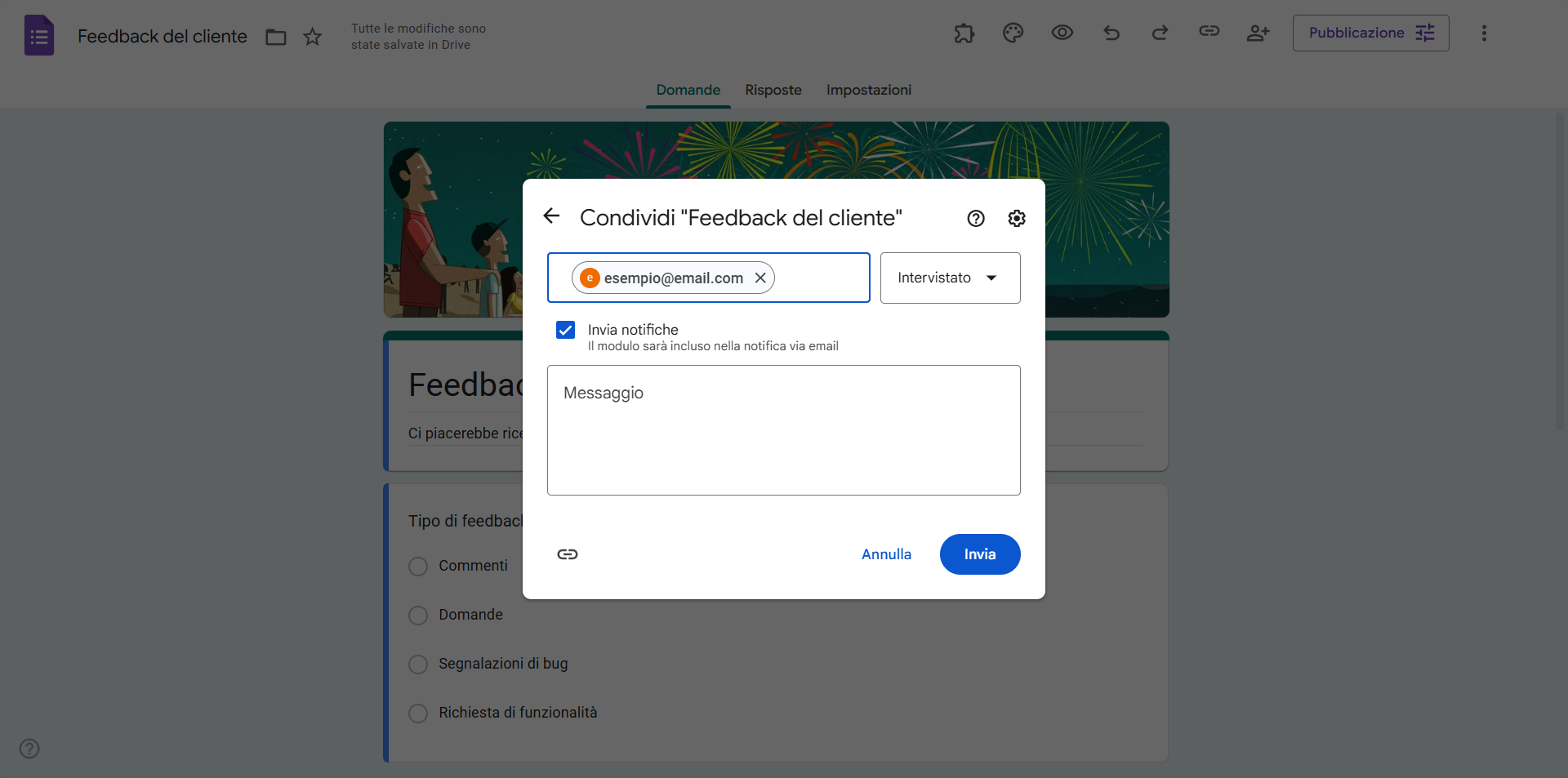 Aggiungendo un indirizzo email e selezionando la casella Invia Notifiche nella finestra di condivisione di Moduli Google