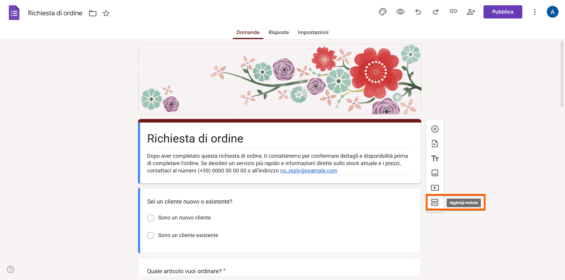 Modulo di richiesta di ordine su Google Form con l'opzione Aggiungi sezione evidenziata