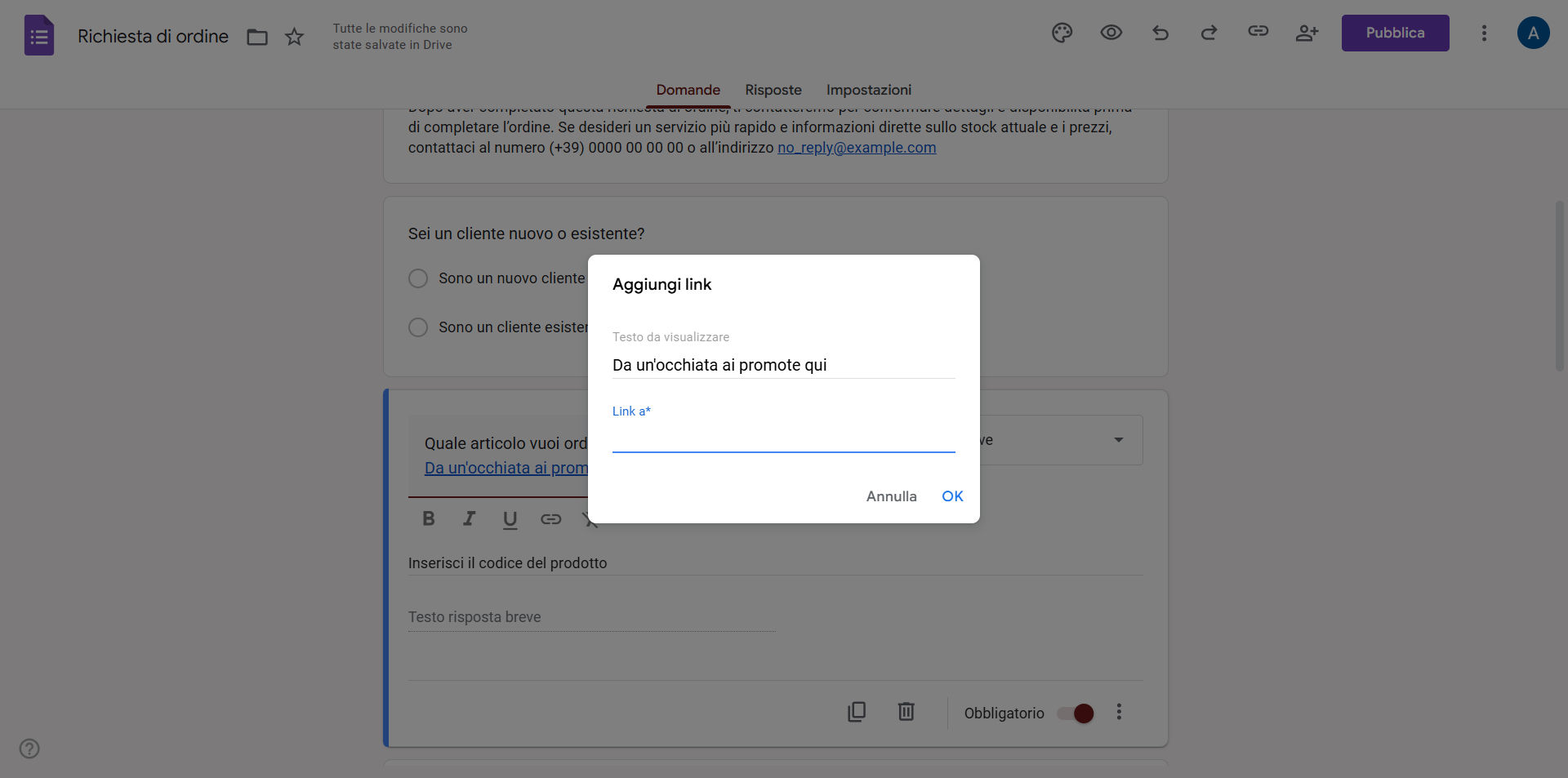 Finestra pop-up "Aggiungi Link" in un Modulo d'Ordine in Google Forms