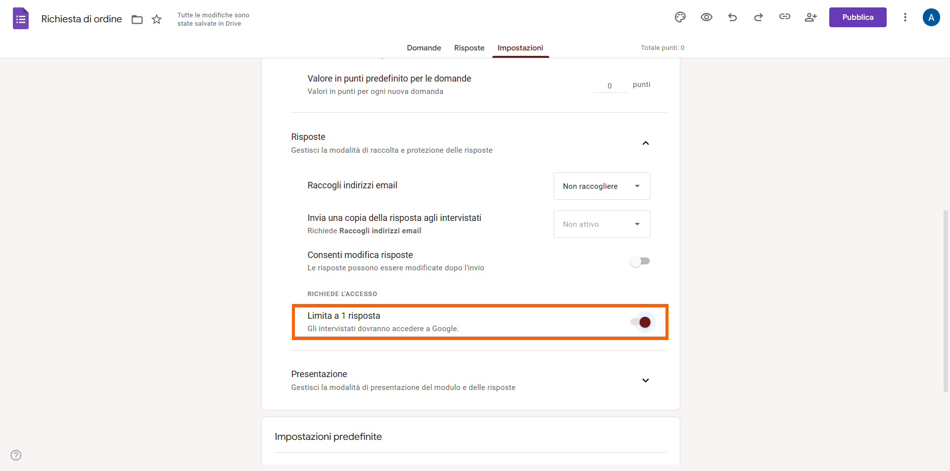 Scheda Impostazioni di un Modulo d'Ordine in Google Forms con l'Opzione "Limita a 1 risposta" Attivata