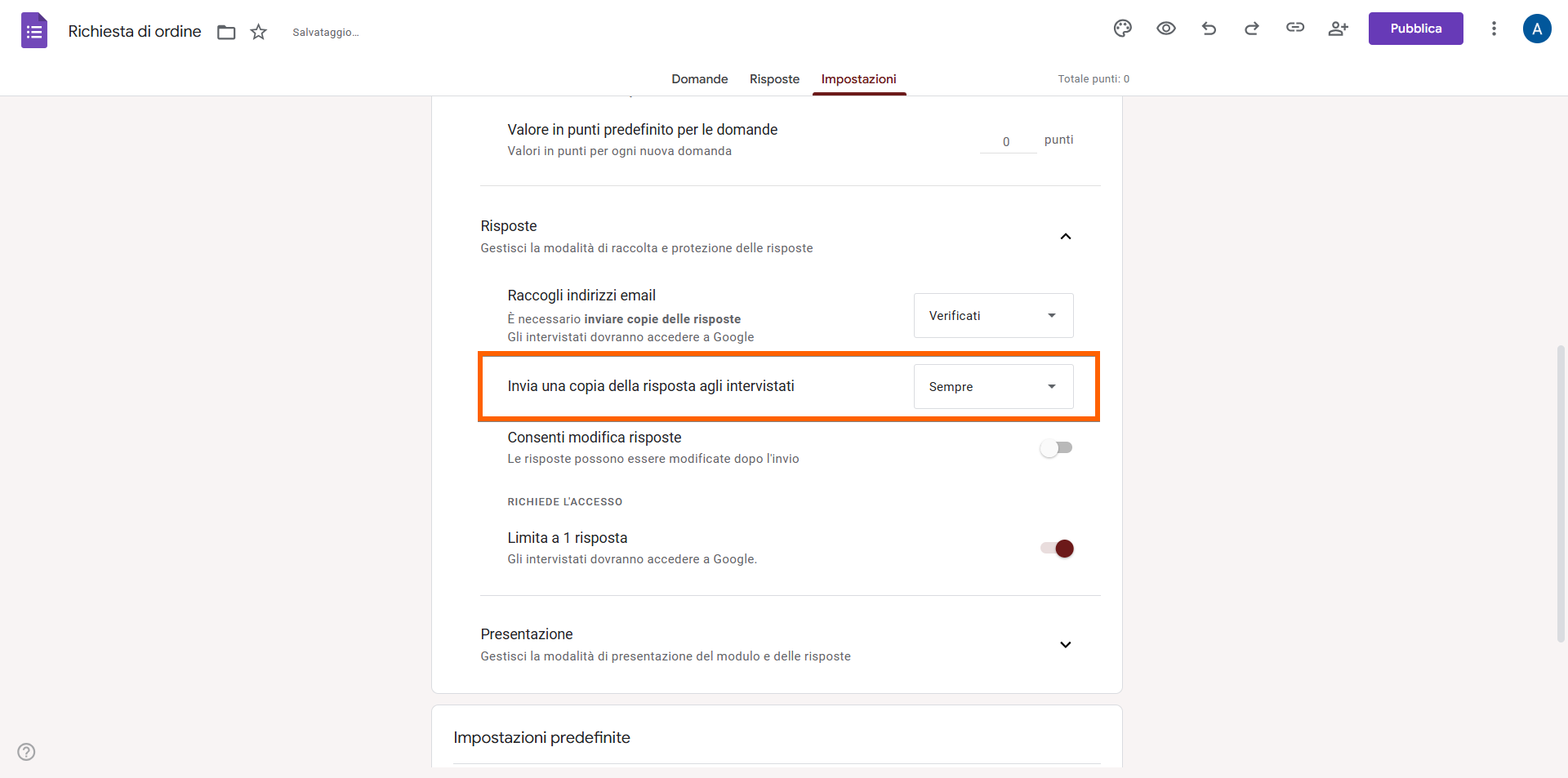 Scheda Impostazioni di un Modulo d'Ordine su Google Form che mostra l'opzione "Invia una copia della risposta agli intervistati"