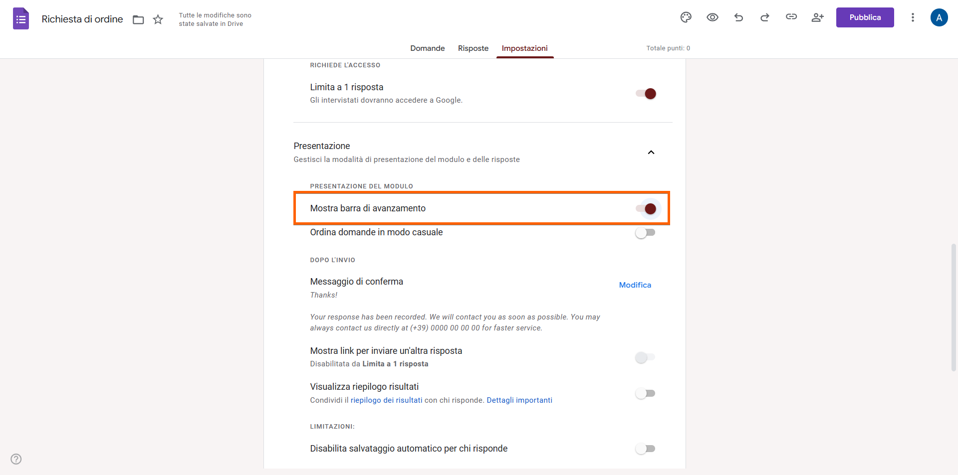 Scheda Impostazioni di un Modulo d'Ordine su Google Forms, con l'opzione Mostra barra di avanzamento abilitata