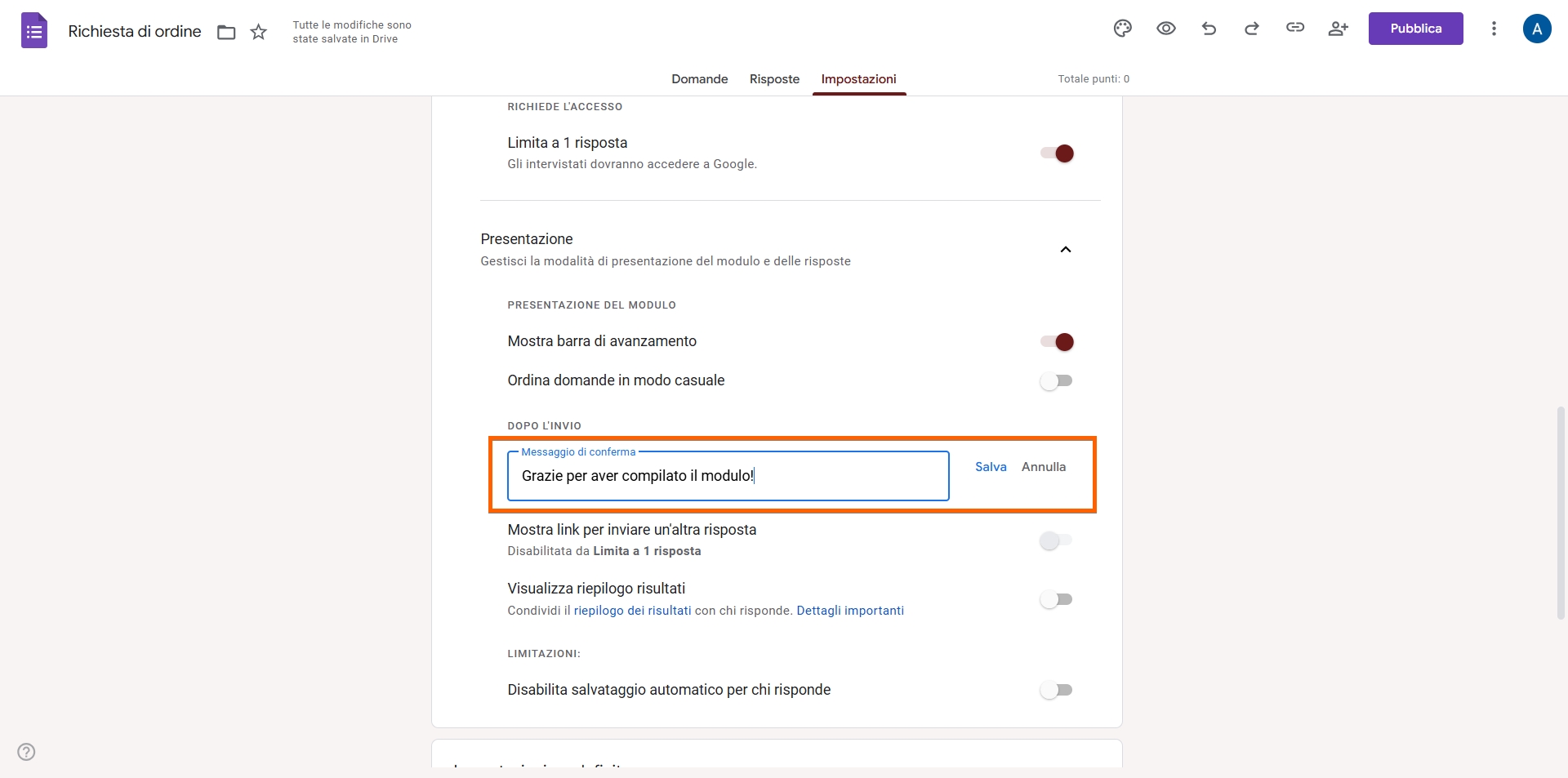 Scheda Impostazioni di un Modulo d'Ordine in Google Forms che mostra la configurazione del Messaggio di conferma