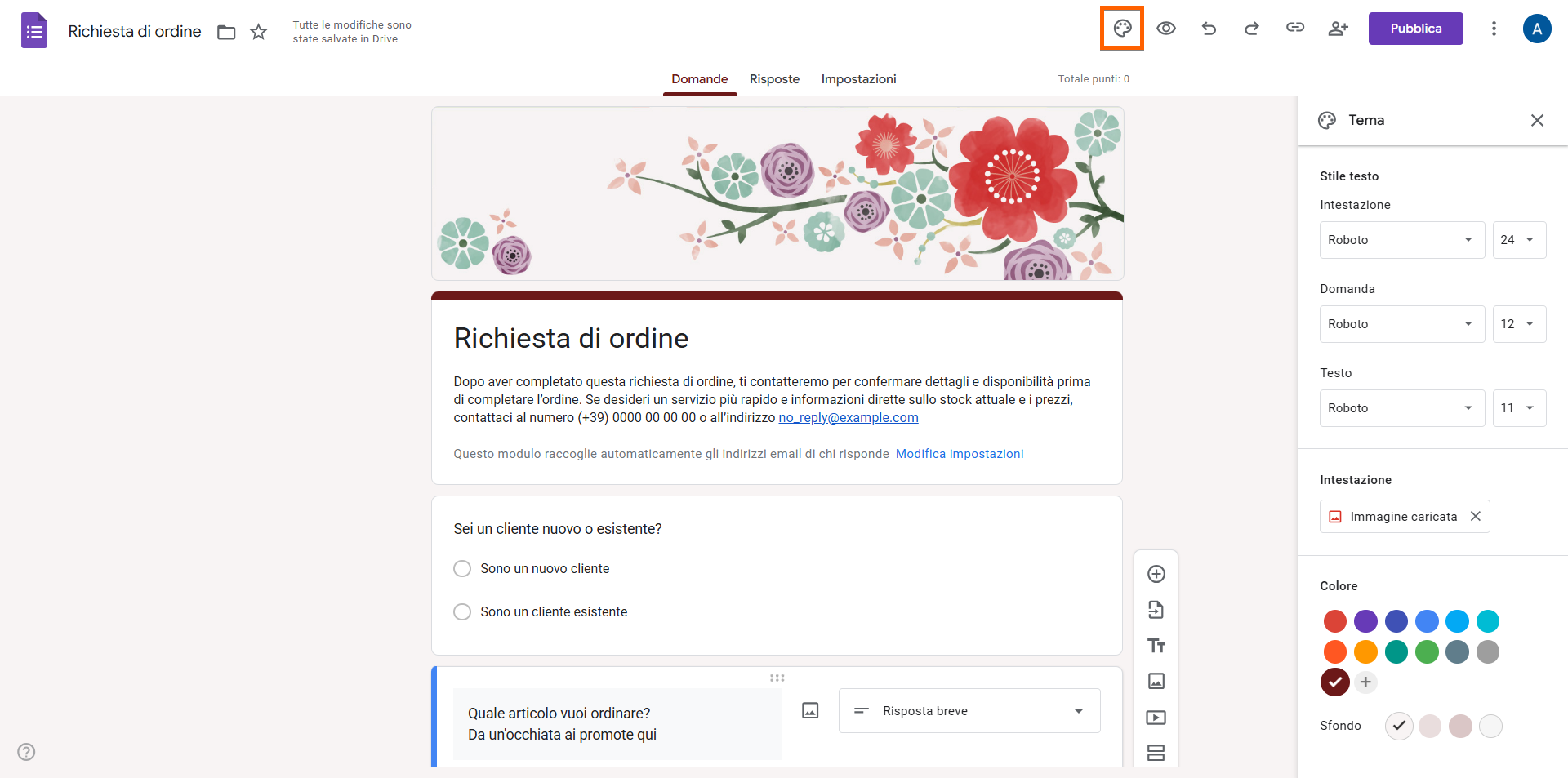 Modulo d'Ordine in Google Forms Cliccando sull'Icona Tavolozza