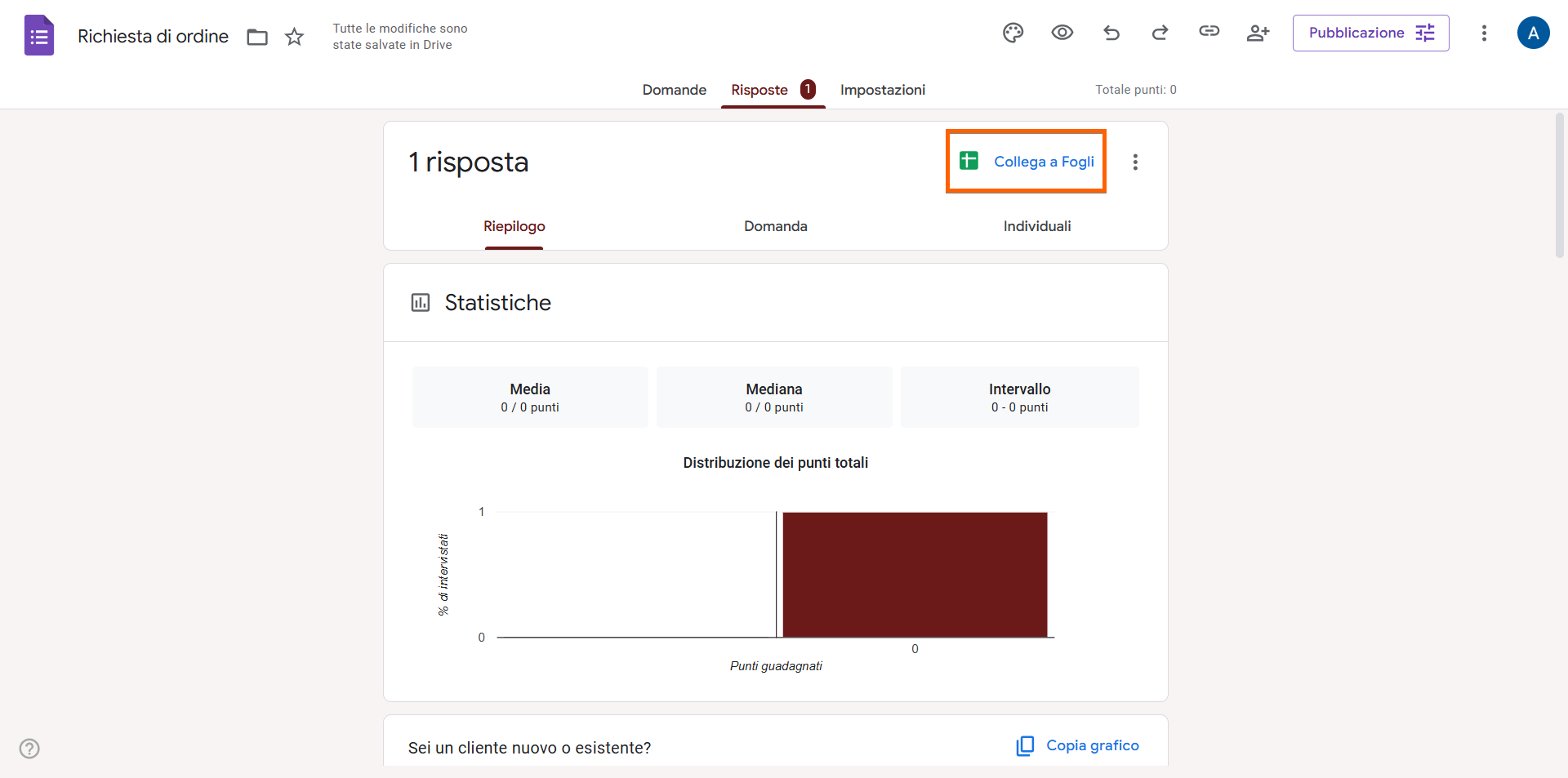 Scheda Risposte in Google Forms Cliccando sull'Opzione "Collega a Fogli"