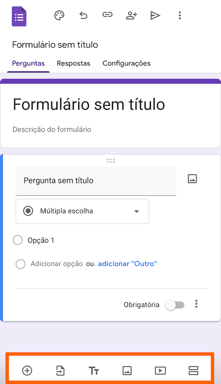 Formulários Google no iPhone destacando as configurações da pergunta na parte inferior da página