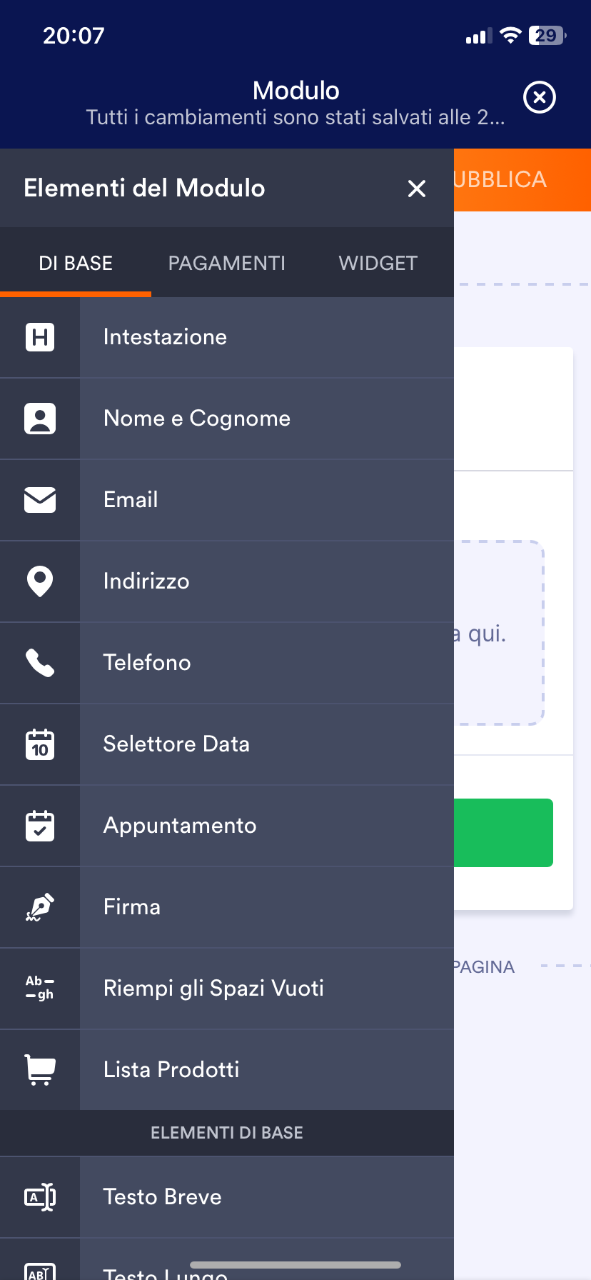 Screenshot del Costruttore di Moduli che mostra il menu Elemento del Modulo dall'App Moduli per Dispositivi Mobili di Jotform