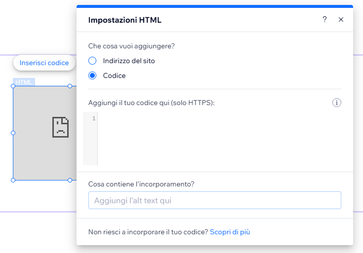 Screenshot del menu “Impostazioni HTML” di un blocco di Codice di incorporamento su un sito Wix