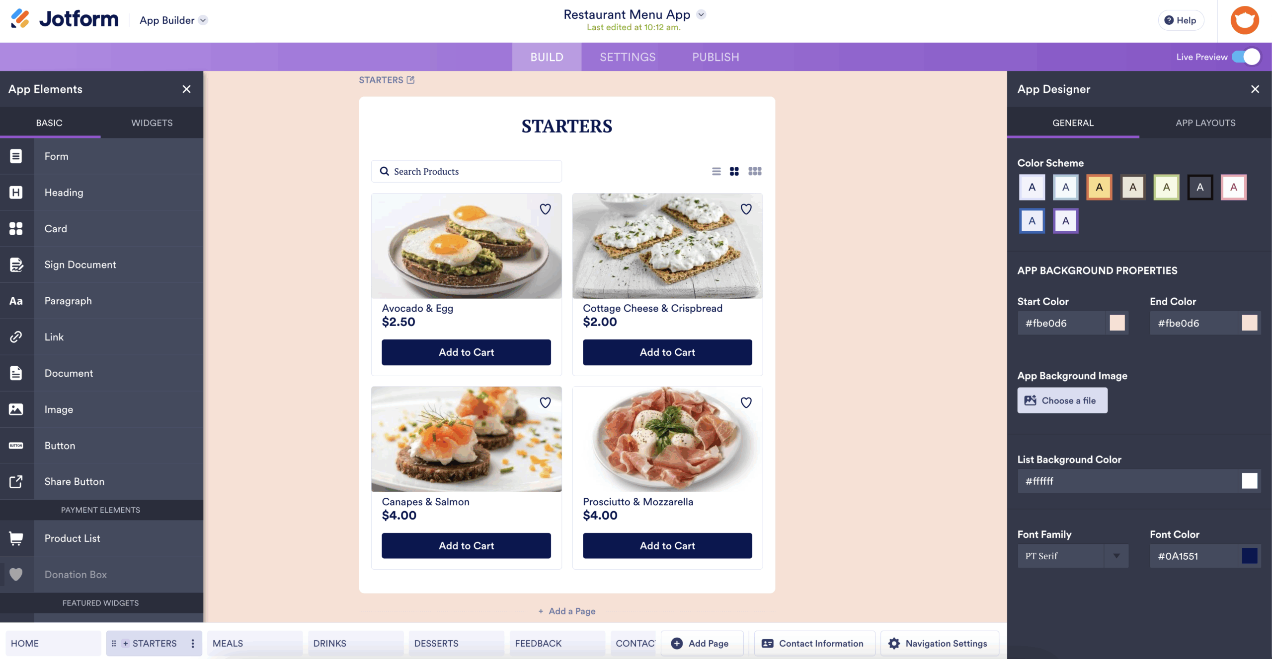 Jotform App Builder - Restaurant Menu App's app designer