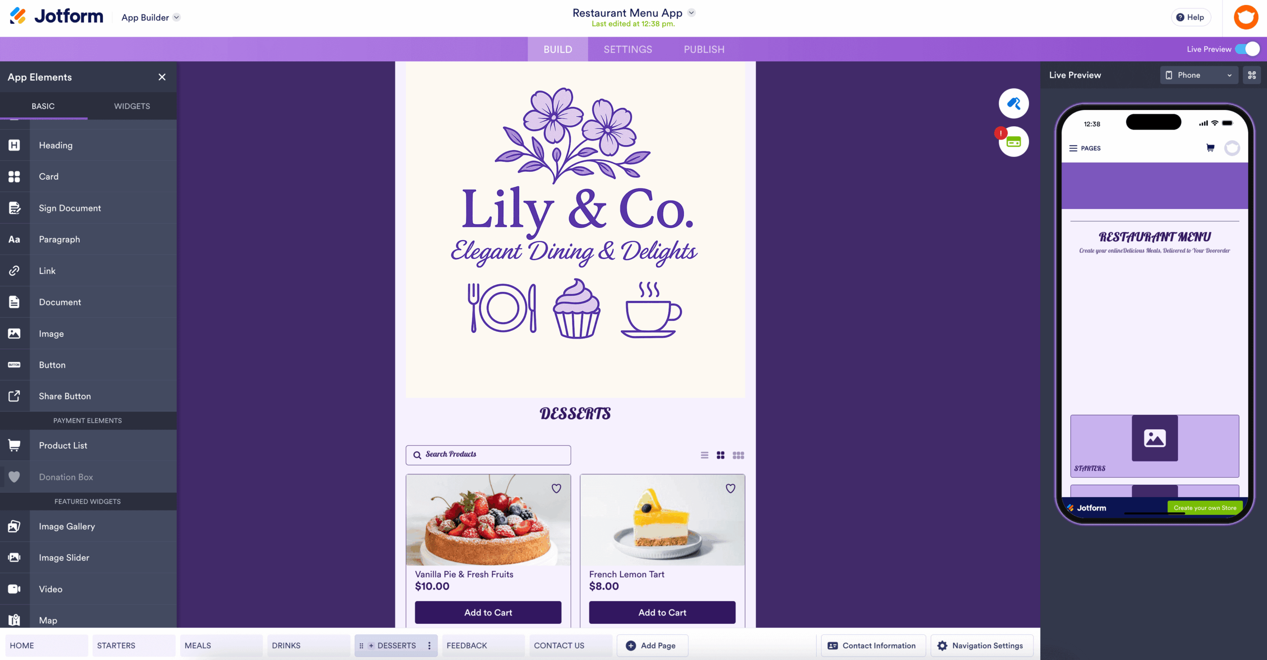 Jotform Restaurant Menu App - App Designer