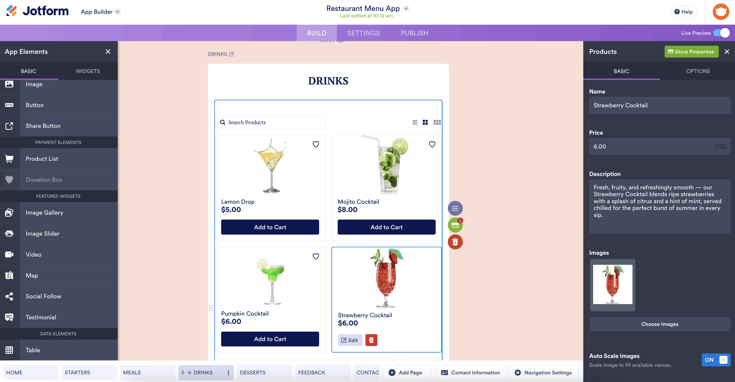 Jotform App Builder - Restaurant Menu App's product list element for description
