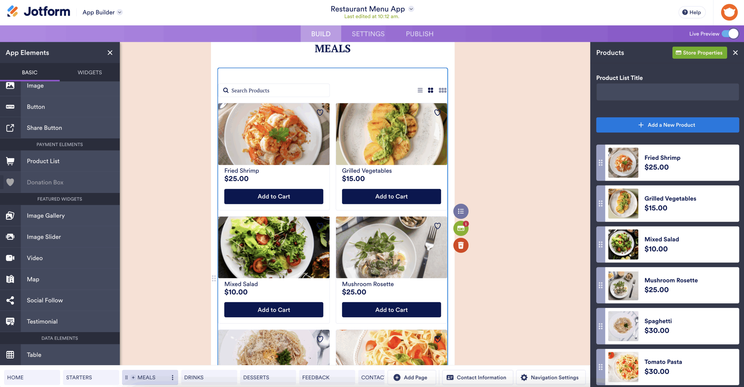Jotform App Builder - Restaurant Menu App's product list element