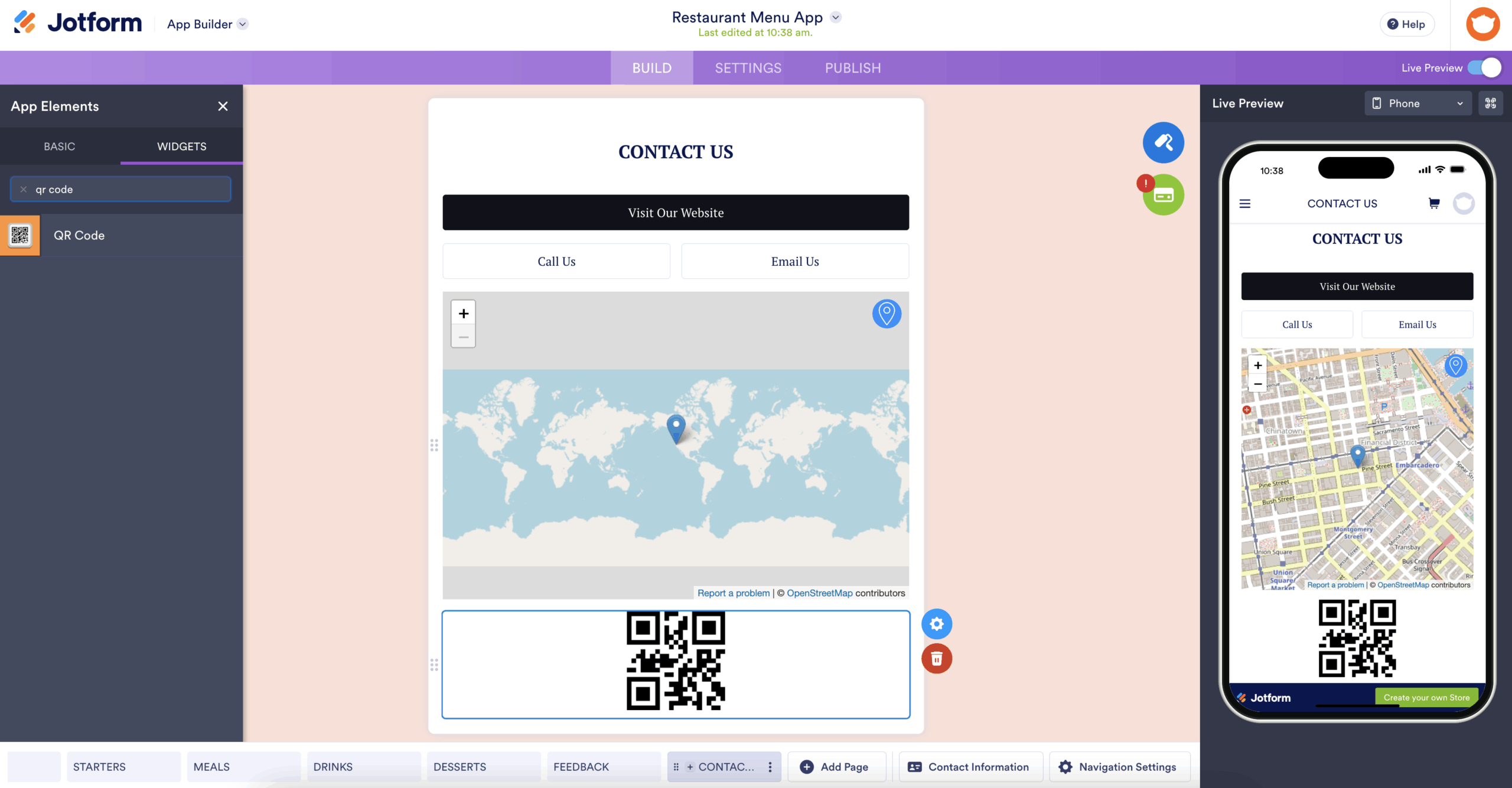 Jotform App Builder - Restaurant Menu App's QR code widget